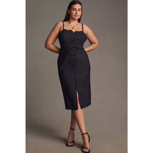 Anthropologie Slim Scalloped Corset Midi Dress Black Size 10 - Picture 4 of 9